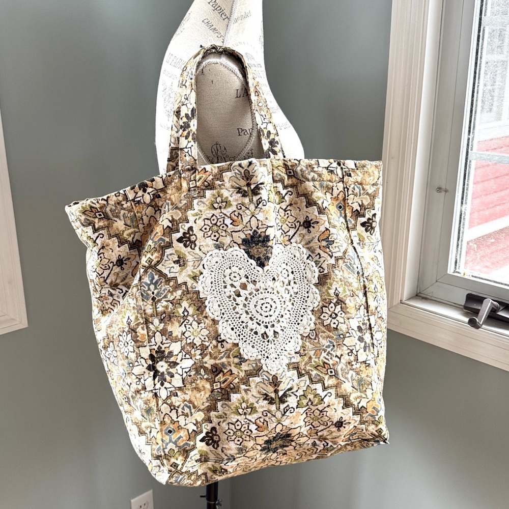 Handmade farmers market cotton‎ canvas crocheted doily large tote